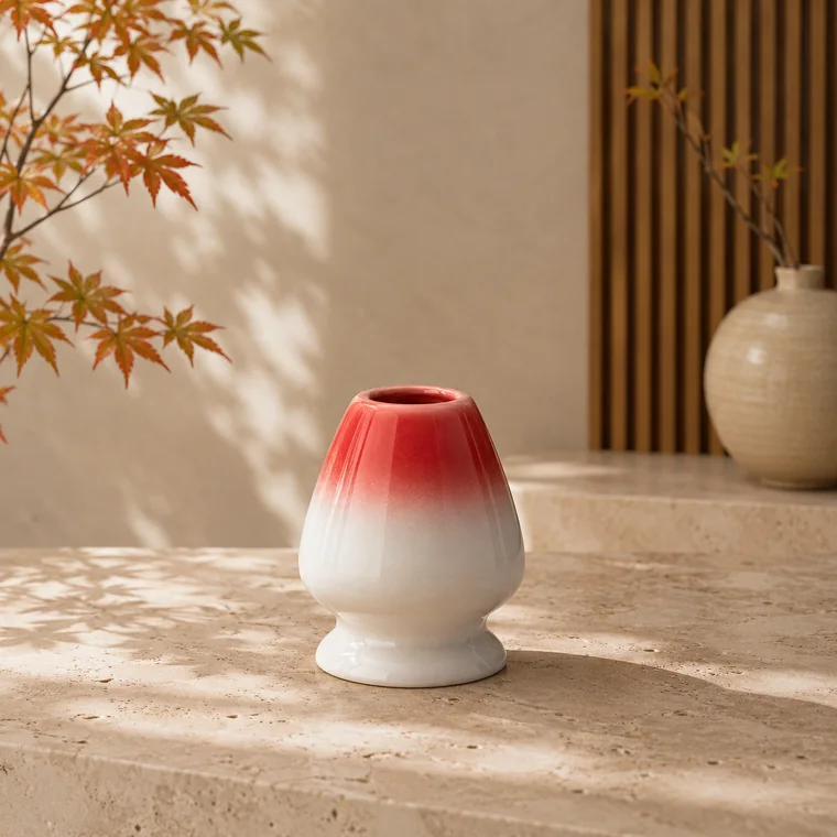 Sunset Red glazed ceramic matcha whisk holder with a bamboo chasen resting tines-down on top