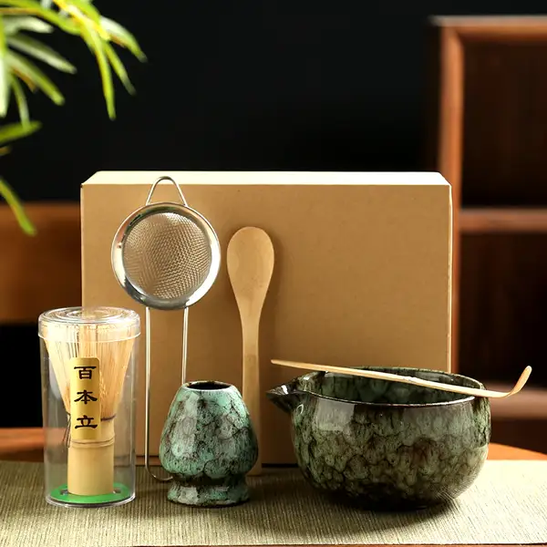 Complete 6-piece matcha whisk set in the Cyan glaze