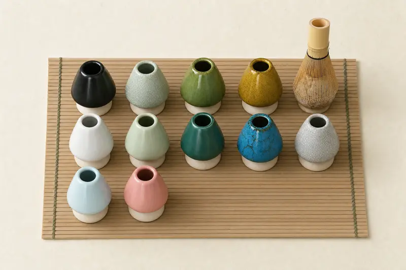 Water draining off an upside-down bamboo whisk resting on a glazed ceramic whisk rest