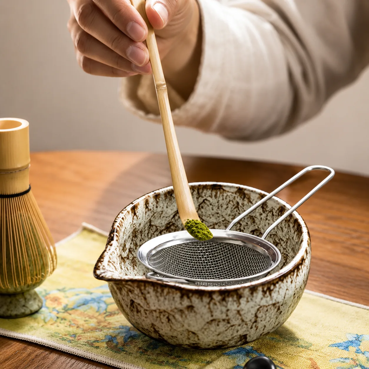 A hand taps matcha off a bamboo scoop through a fine stainless steel sieve resting on a speckled ceramic bowl, a bamboo whisk beside it