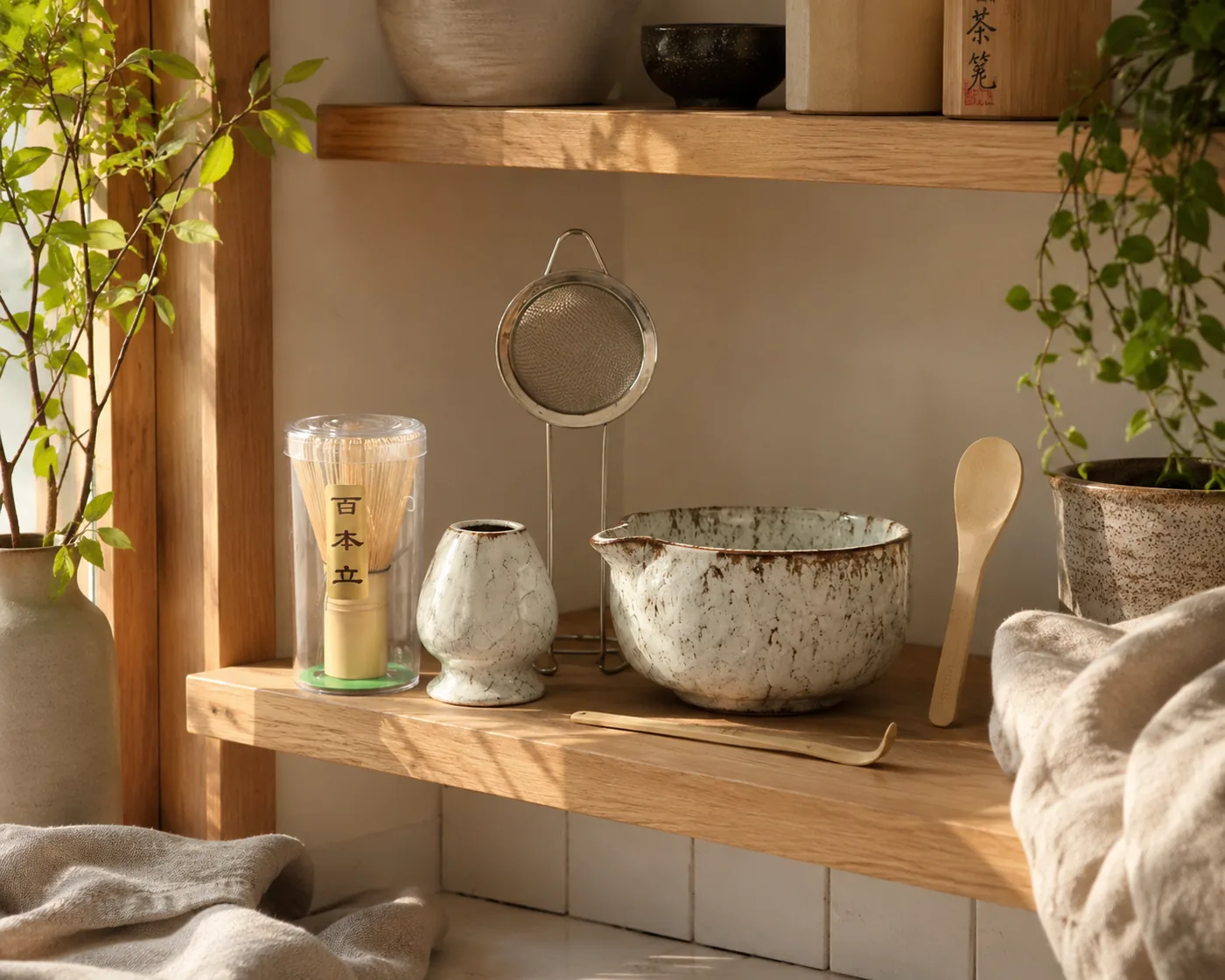 A ceramic whisk holder, a boxed bamboo whisk, a spouted matcha bowl, a stainless sieve, and a bamboo scoop arranged on a sunlit wooden shelf
