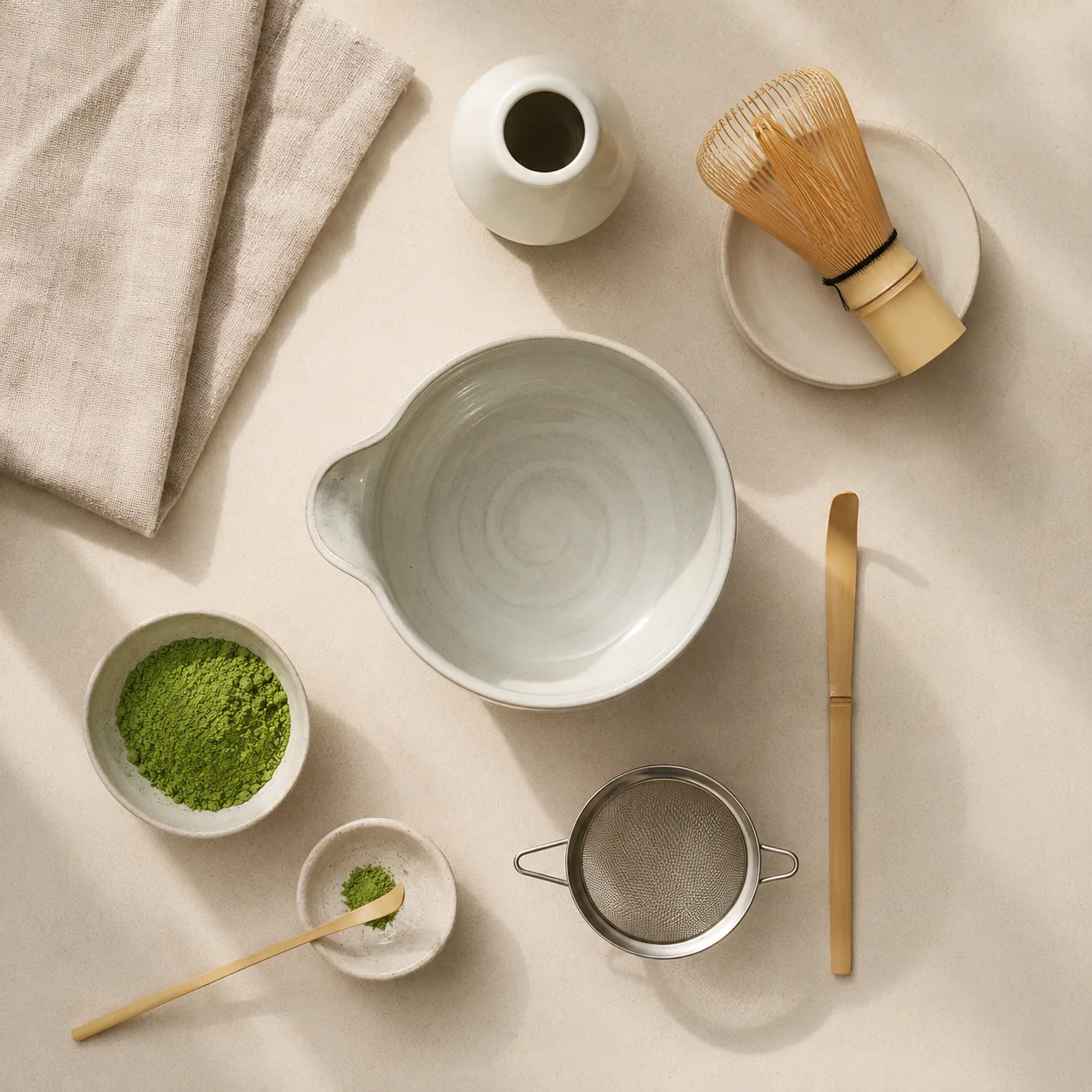 Overhead flat lay of a matcha kit on linen: a white spouted bowl, a bamboo whisk on a dish, a rounded white ceramic whisk holder, a sieve, a bamboo scoop, and bright green matcha powder