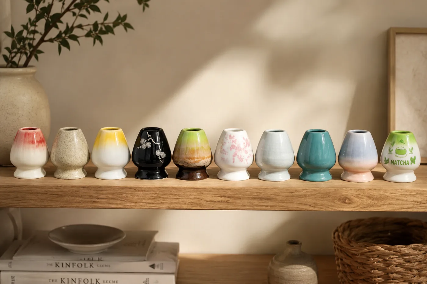 A row of ten ceramic matcha whisk holders in different glaze colors lined up on a wooden shelf in warm daylight, next to a ceramic vase and stacked design books
