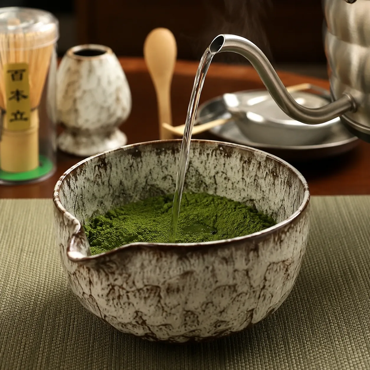 Hot water streaming from a gooseneck kettle into a rustic speckled ceramic bowl holding a mound of bright green matcha powder