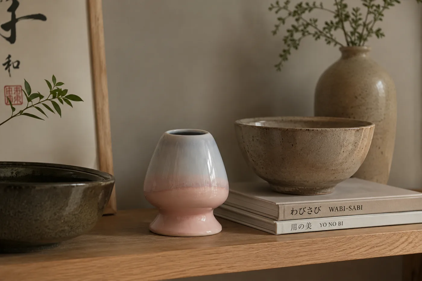 A pink and lilac glazed ceramic whisk holder beside a speckled matcha bowl on a wooden shelf with wabi-sabi books and a vase of greenery
