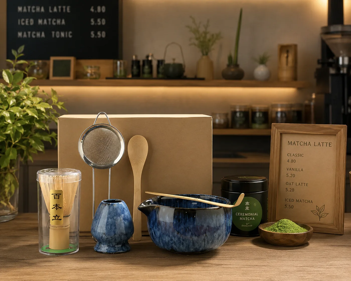 A matcha starter set on a cafe counter with a blue speckled spouted bowl, a whisk in its case, a whisk holder, a sieve, a bamboo scoop and a tin of ceremonial matcha, in front of a matcha latte menu