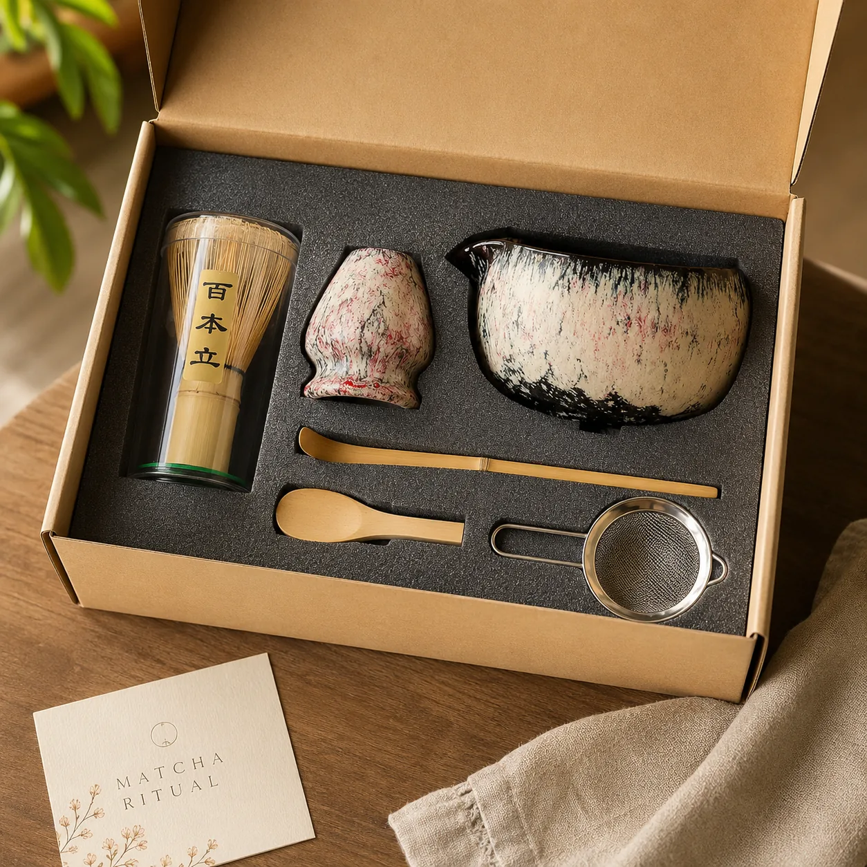 An open kraft gift box with each matcha tool seated in a black foam cradle: a whisk in its case, a pink speckled whisk holder, a spouted bowl, a bamboo scoop, a teaspoon and a sieve