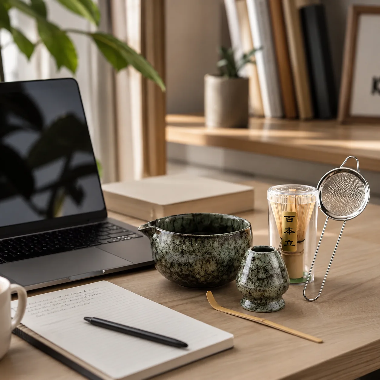 A green speckled matcha set on a wooden desk beside an open laptop and a notebook, with a spouted bowl, a whisk holder, a whisk in its case, a sieve and a slim gold-toned scoop
