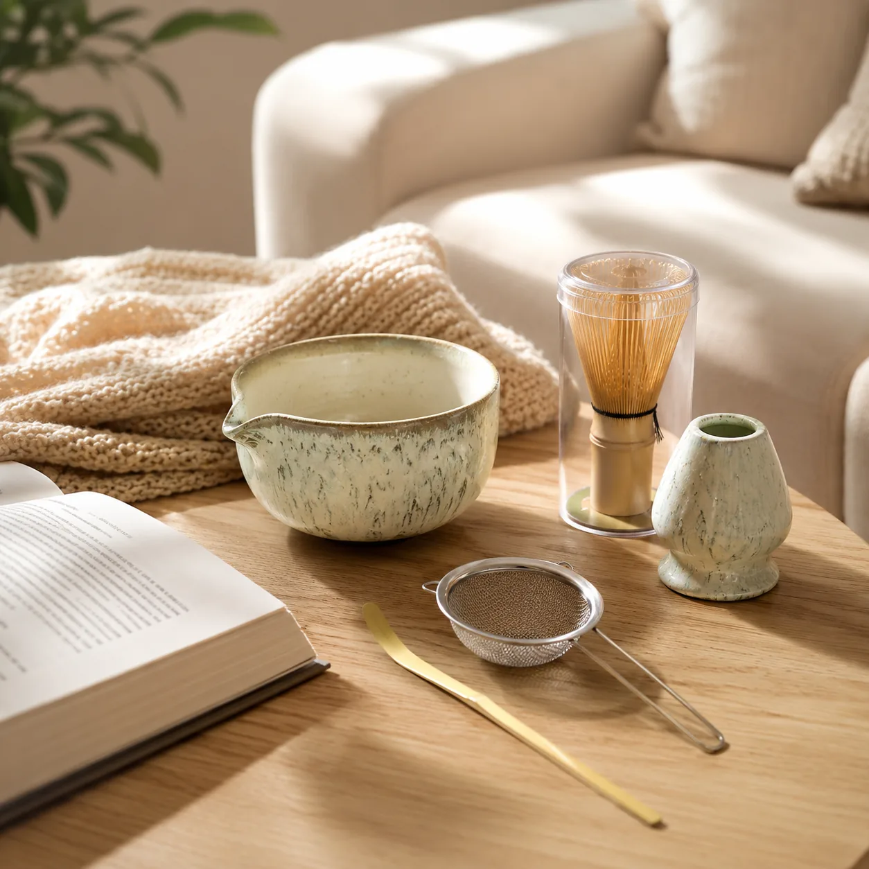 A cream speckled matcha bowl, a bamboo whisk in its case, a whisk holder and a sieve on a wooden coffee table beside an open book and a knit throw, with a sofa in the background