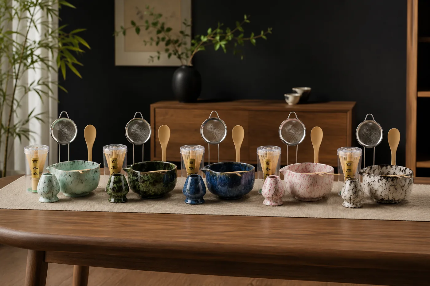 Five complete matcha sets in seafoam, dark green, blue, pink and speckled black glazes lined up on a long wooden dining table, each with a ceramic bowl, whisk holder, bamboo whisk, sifter and spoon