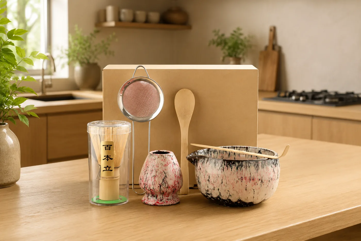 A single pink speckled matcha set on a wooden kitchen counter, the matching whisk holder and spouted bowl beside a bamboo whisk in its case, a sifter, a bamboo spoon and a kraft gift box, in a bright home kitchen