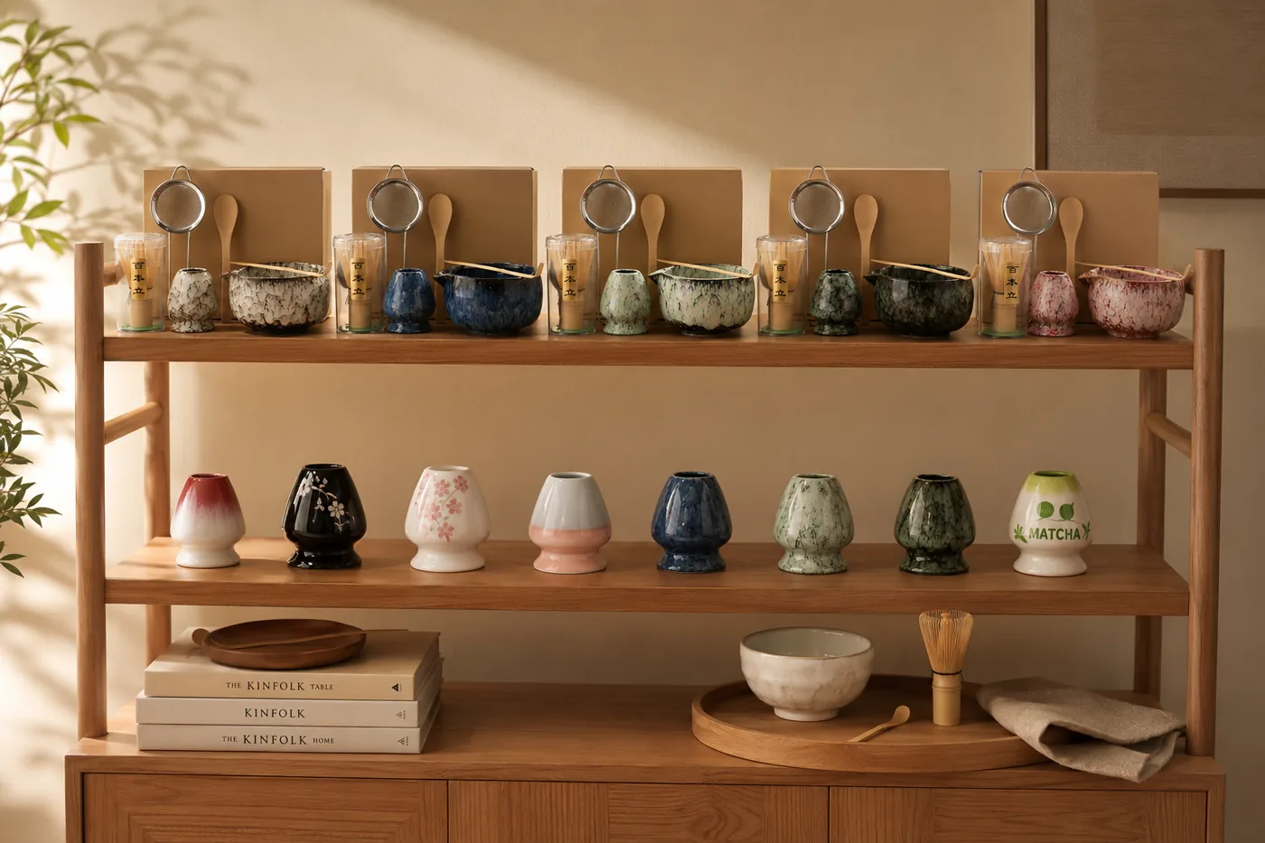 A wooden shelf display of the tested range: five boxed matcha sets on the top shelf and a row of eight whisk holders in different glaze colors on the shelf below, with design books and a bowl and bamboo whisk on a tray