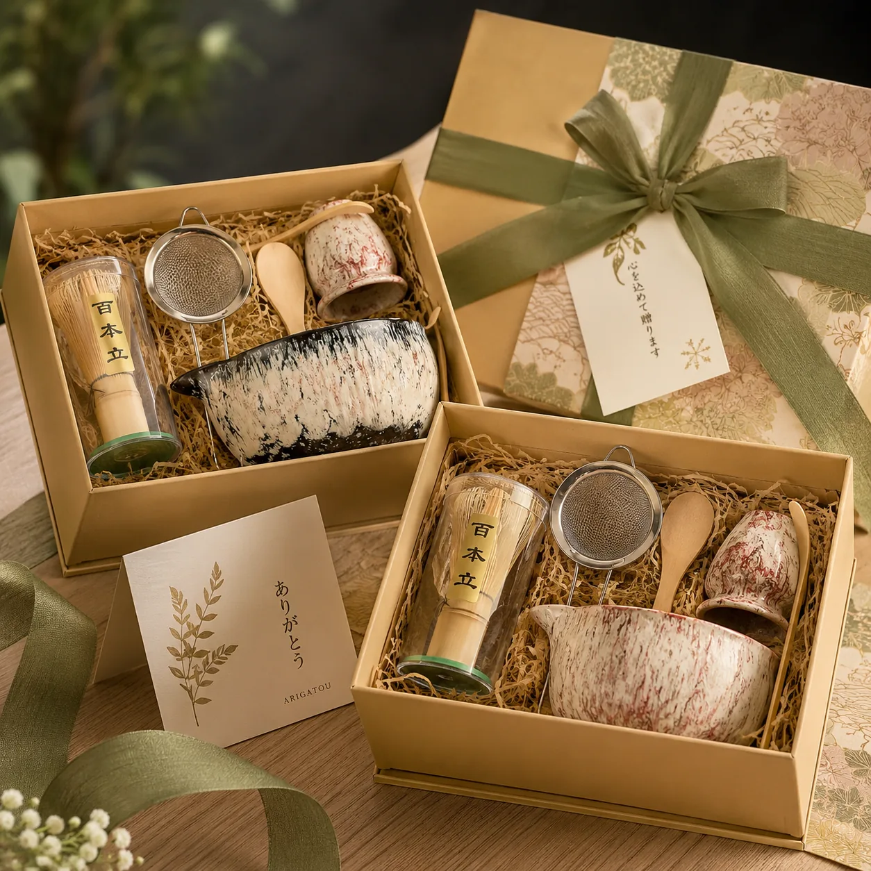Two open kraft matcha gift boxes holding cream and red speckled sets, next to a ribbon-tied gift box and Japanese thank-you cards