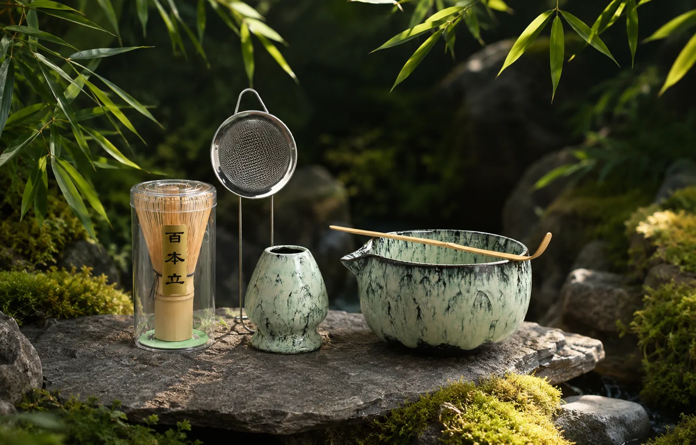 A seafoam green speckled matcha set resting on a mossy rock outdoors under bamboo leaves: a spouted bowl with a bamboo scoop, a whisk holder, a sifter and a bamboo whisk in its case, with a garden stream behind