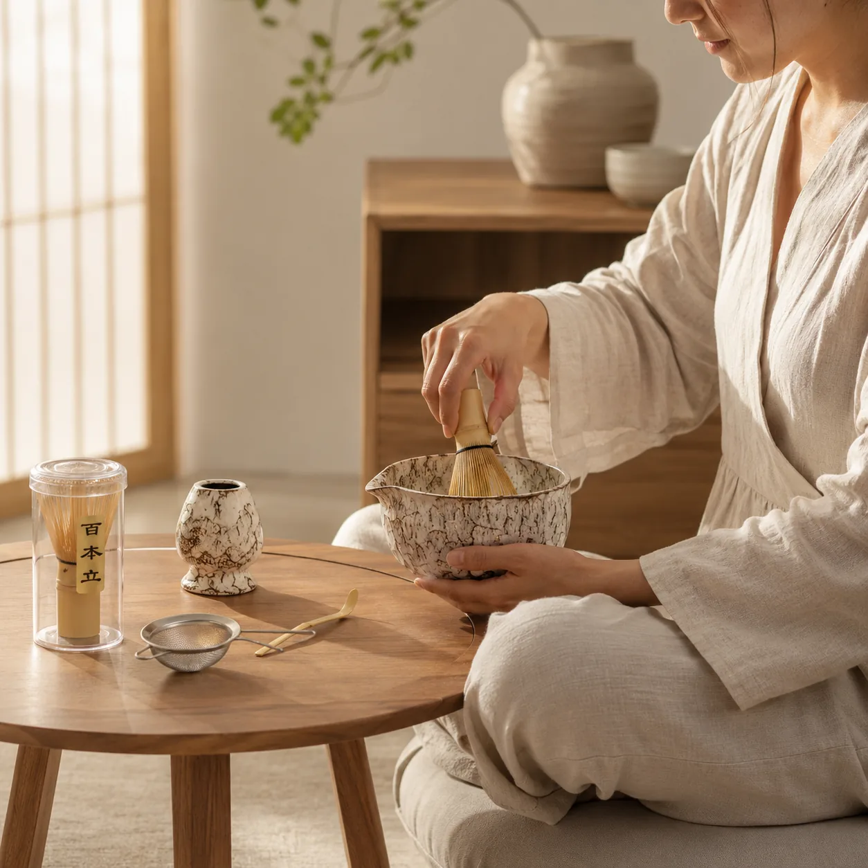A person in a linen robe kneeling at a low wooden table by a bright window, whisking matcha in a speckled ceramic bowl