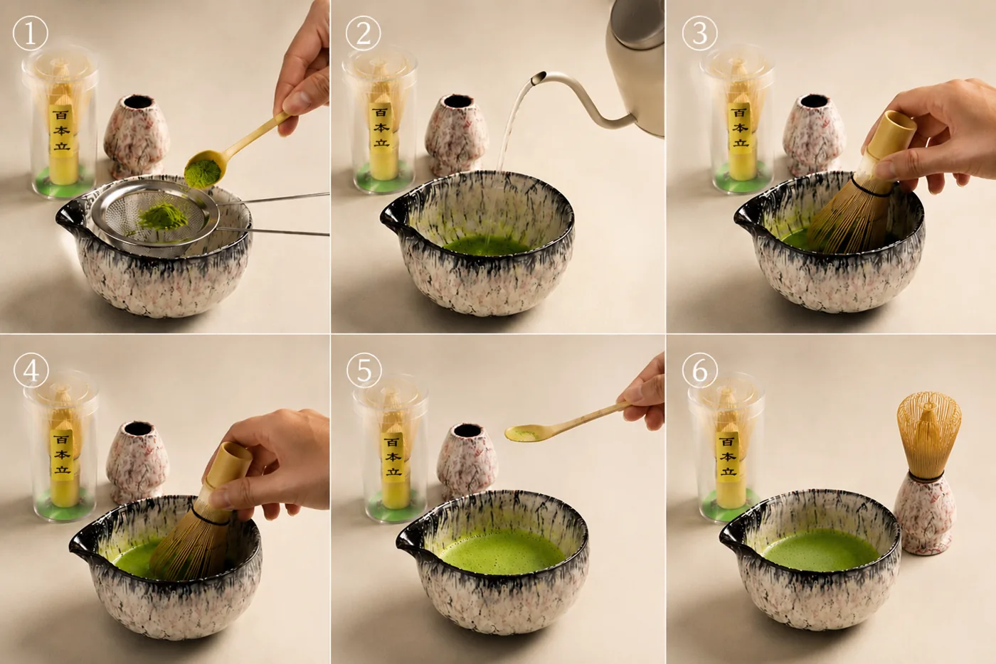 A six-step sequence of preparing matcha in a black and white speckled spouted bowl: sifting the powder, pouring hot water, whisking, the foamed green tea, scooping, and the finished bowl next to its whisk holder