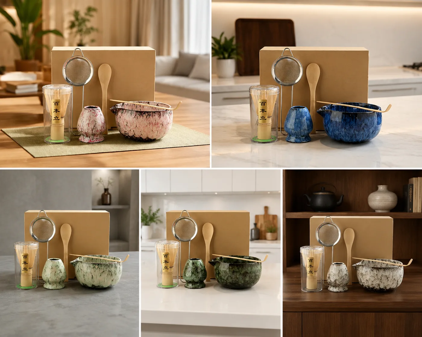 The KujiMatcha matcha set shown in five room settings and colorways, each with a bamboo whisk in its case, a matching ceramic whisk holder, a spouted bowl, a sieve and a scoop beside its kraft gift box