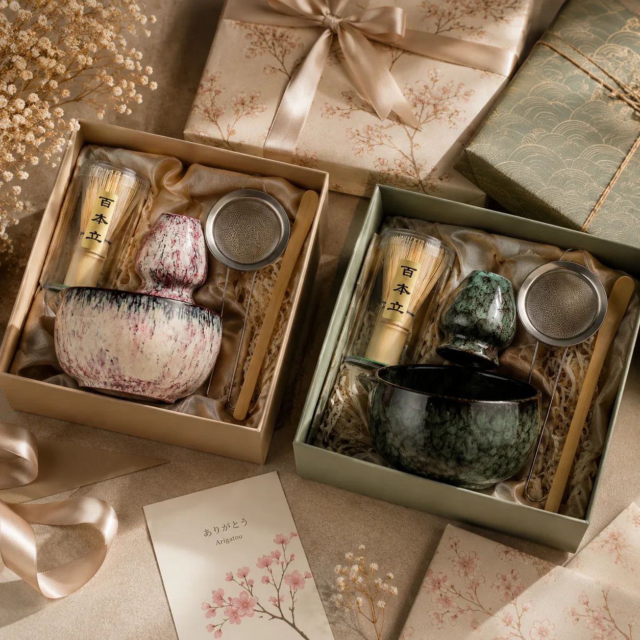 Two 6-piece matcha sets packed in kraft gift boxes with satin ribbon, a bamboo whisk, ceramic holder, steel sieve and scoop, beside a thank-you card