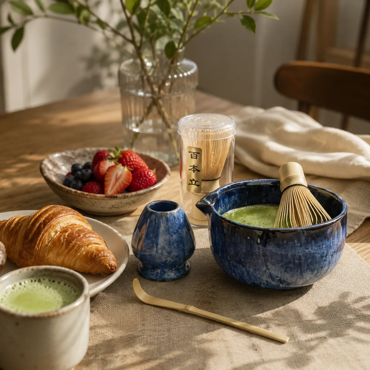 Morning table scene with a blue glazed matcha bowl of frothy green matcha, a bamboo whisk, a matching blue ceramic whisk holder, a brass scoop, a croissant, and a bowl of fresh strawberries and blueberries