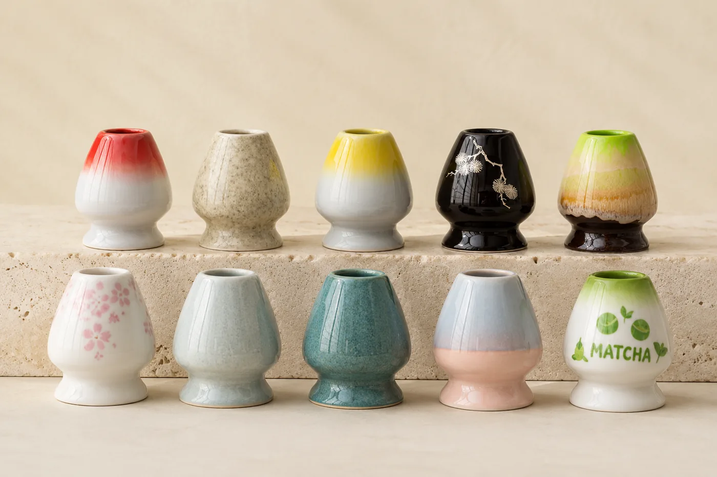 Ten glazed ceramic matcha whisk holders arranged in two rows on a stone ledge, ranging from a sunset red gradient and speckled sage to ink black, teal, and a soft pink blossom glaze