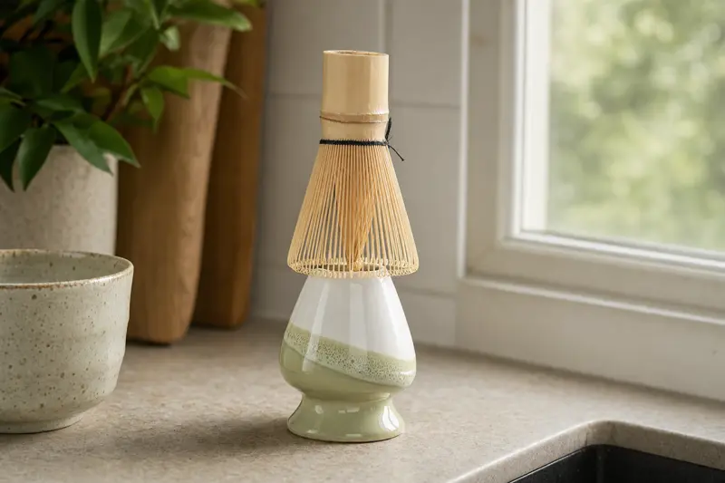 Close-up of chasen tines holding their curled bloom shape over the rounded cone of the ceramic stand