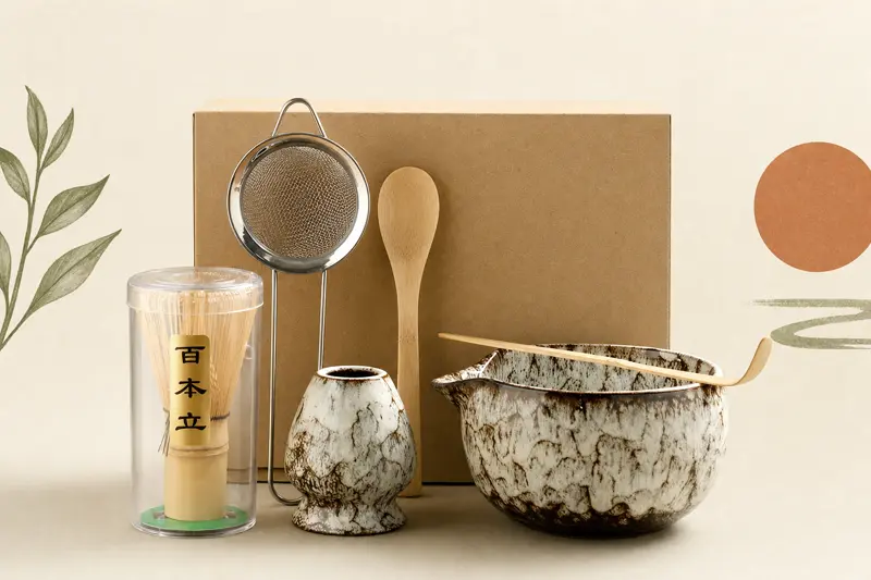 Complete 6-piece matcha whisk set: ceramic bowl with spout, bamboo chasen, whisk holder, sieve, teaspoon and chashaku