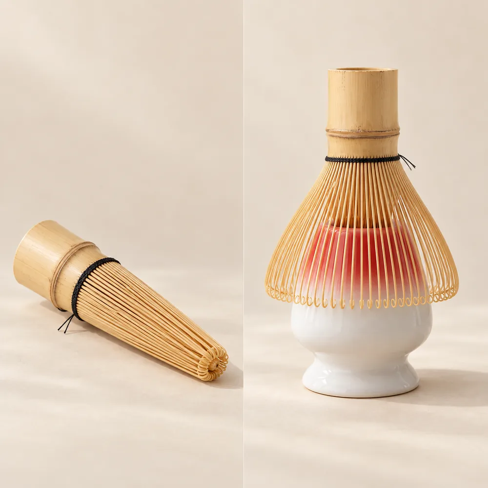 Before and after: on the left a bamboo matcha whisk dried shut into a narrow cone, on the right the same whisk standing tines-down on a KujiMatcha holder in Sunset Red, its tines reopened into a rounded dome