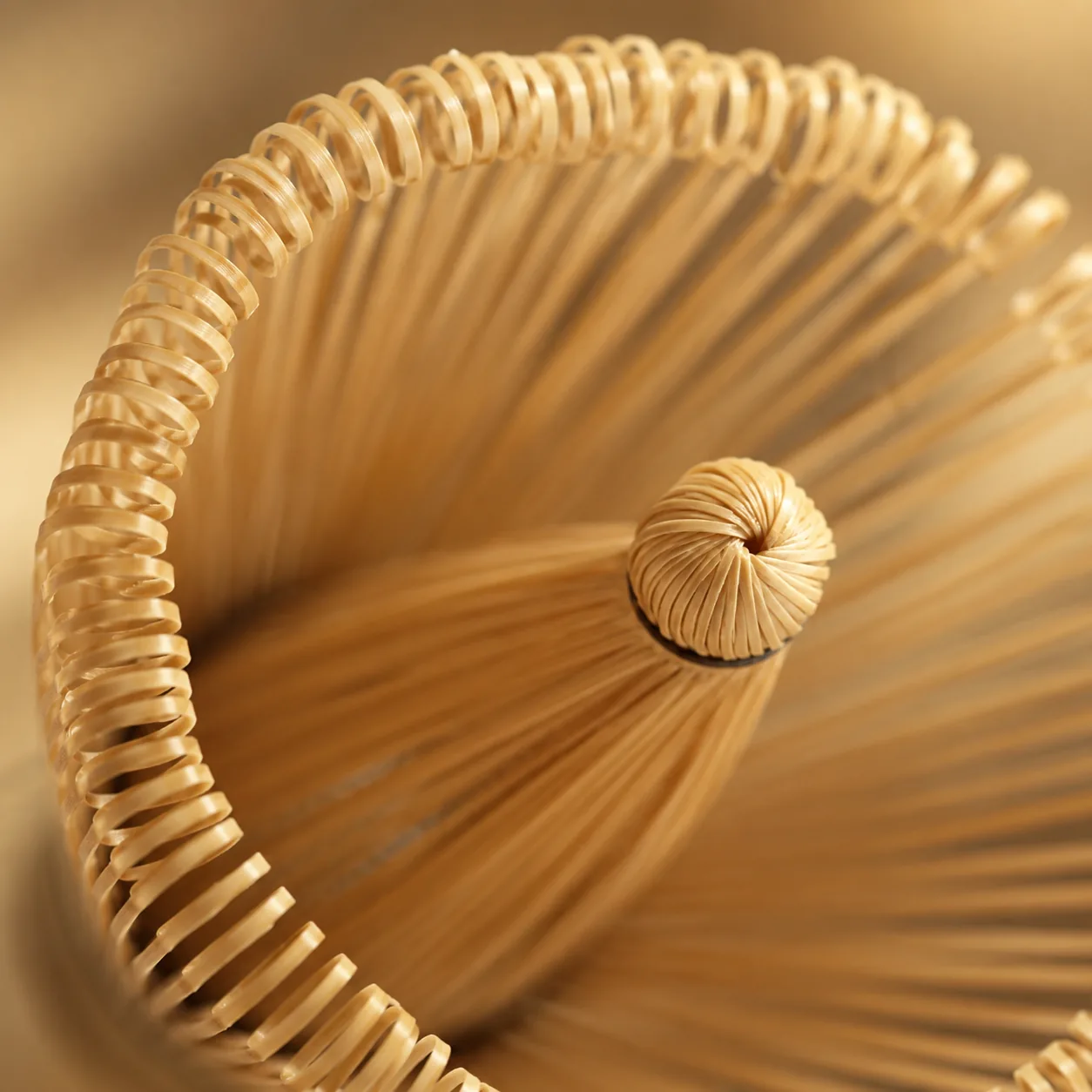 Macro close-up of a bamboo chasen resting tines-down, its fine bamboo tines fanned out in a full open bloom around the tightly coiled center