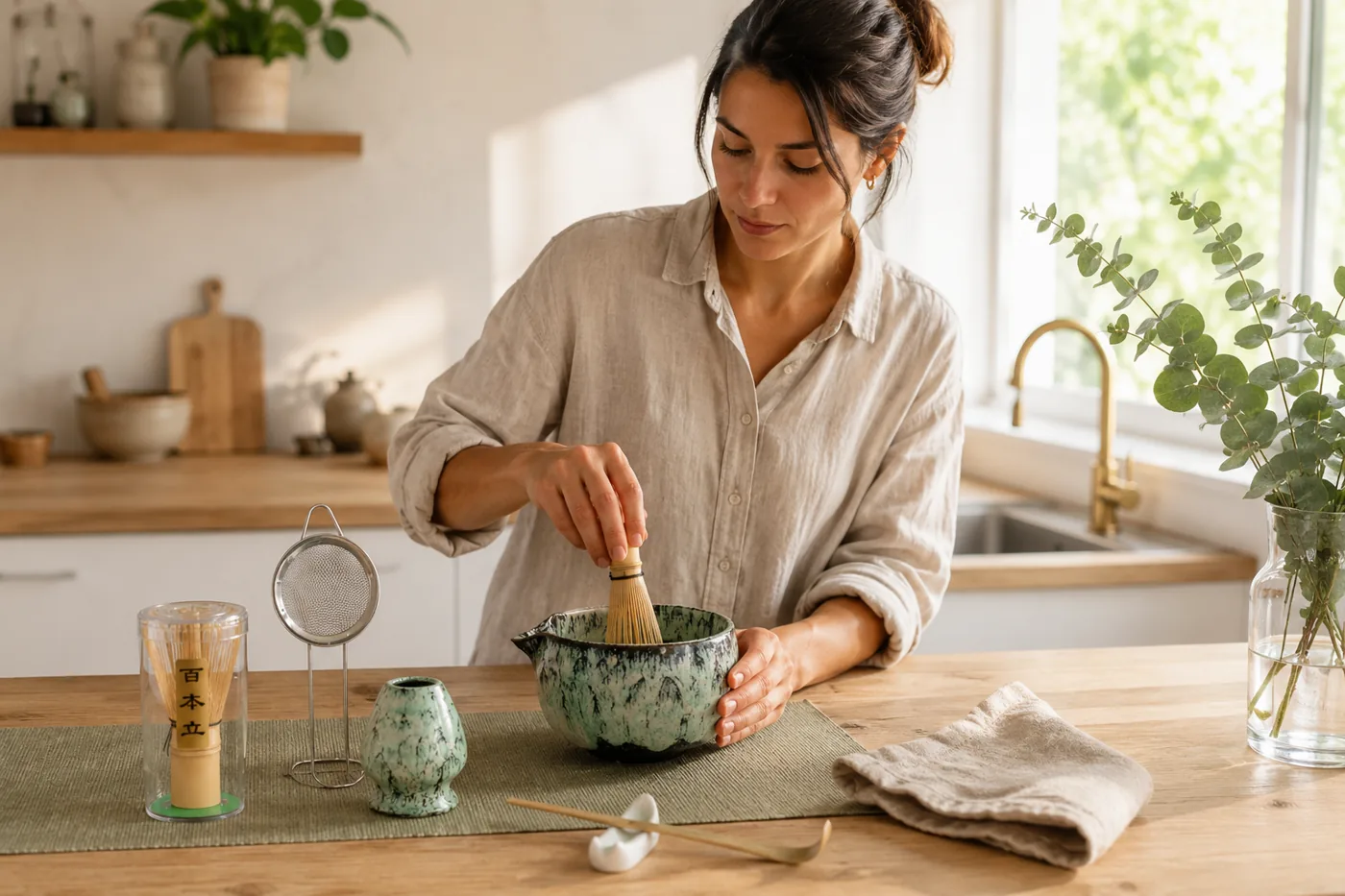 Woman whisking matcha in a green spouted bowl on a bright kitchen counter with the whisk, sieve, holder and scoop laid out
