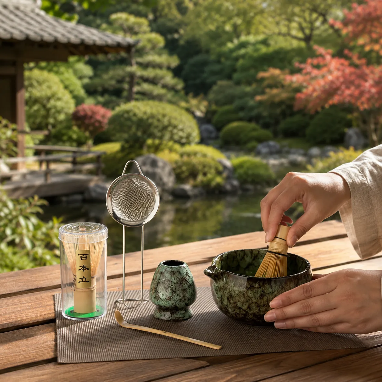 A hand whisks matcha in a green speckled bowl on a wooden table overlooking a lush Japanese garden with a pond and a traditional pavilion