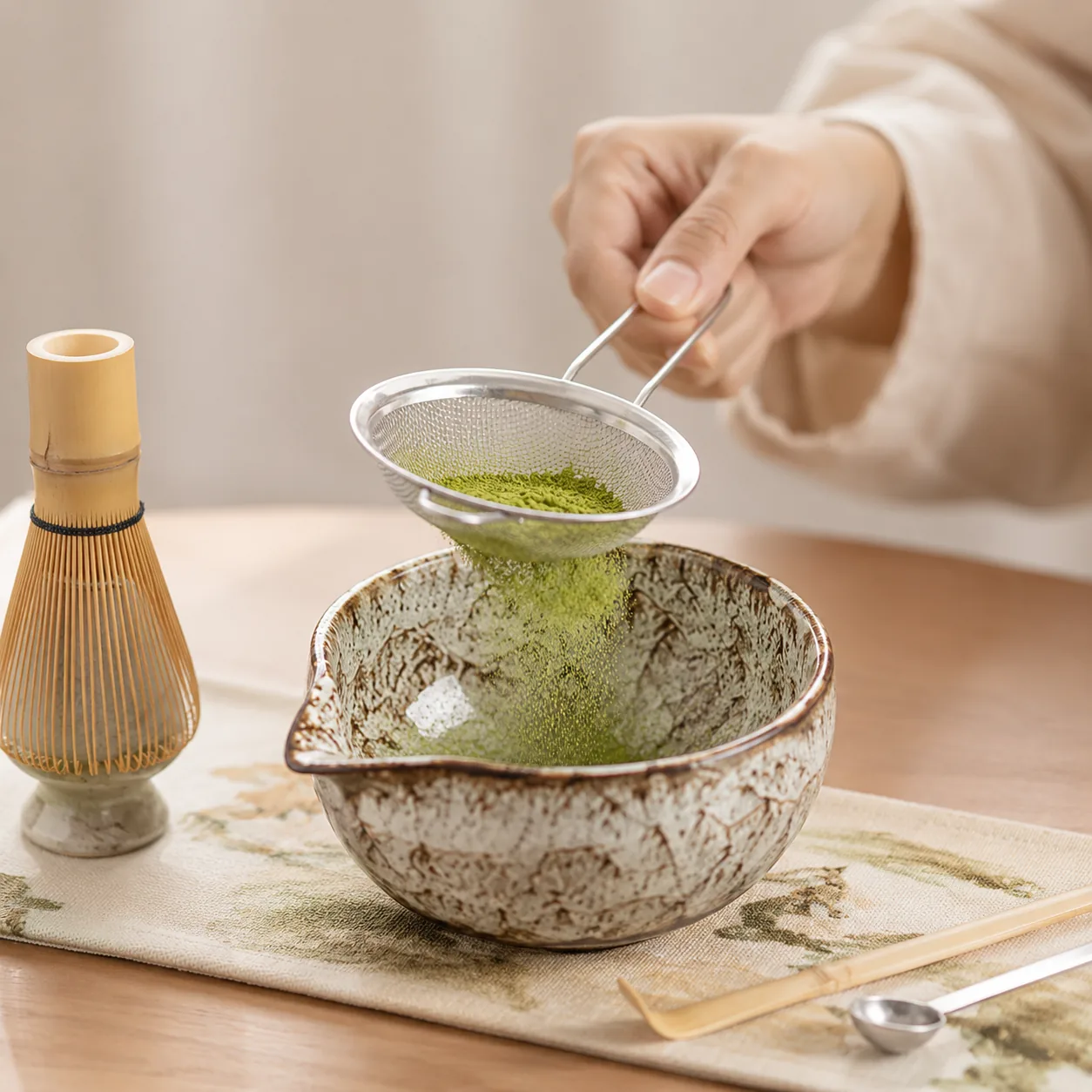 A hand sifts bright green matcha through a fine mesh strainer into a speckled bowl, a bamboo whisk resting on its ceramic stand nearby