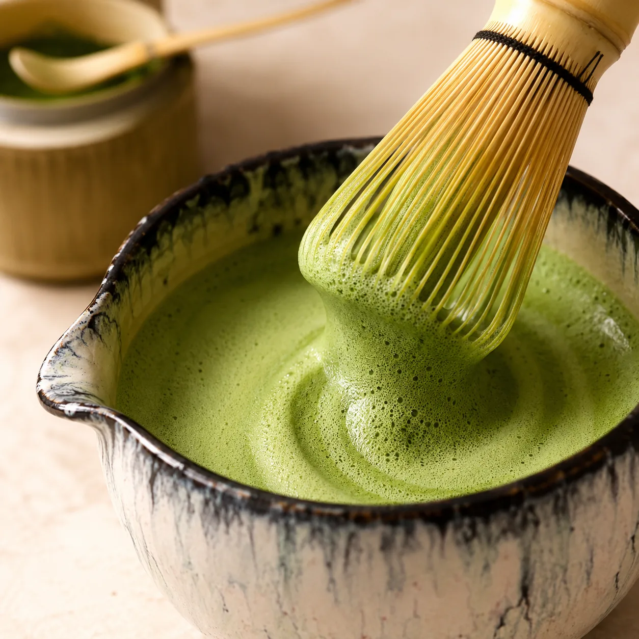 A bamboo matcha whisk lifts from a spouted ceramic bowl of frothy green matcha, foam clinging to its splayed tines